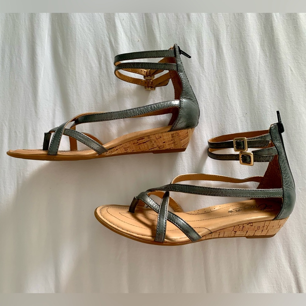 Born Olive Green Leather Strappy Cork Wedge Sandals